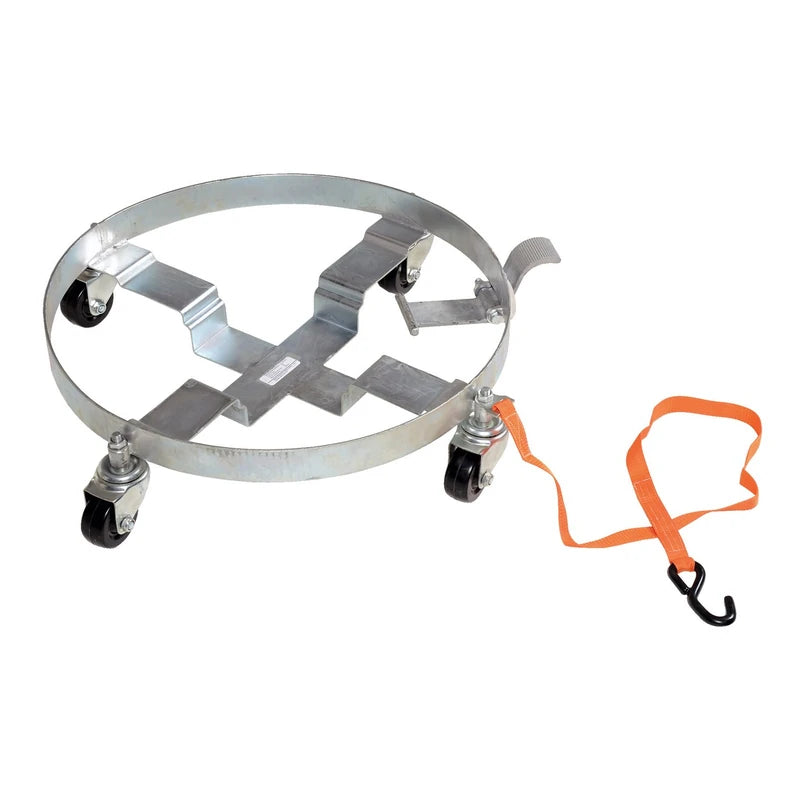 Vestil DRUM-QUAD-H-TLT steel tilting drum dolly with four hard rubber swivel casters and orange pull strap