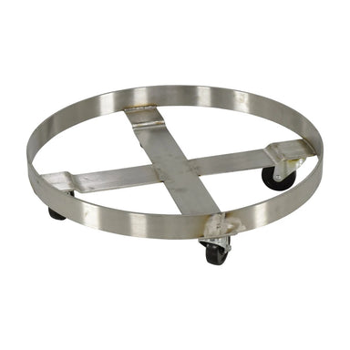 Close-up of the stainless steel frame and hard rubber caster on the Vestil DRUM-SS-55-H drum dolly