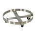 Close-up of the stainless steel frame and hard rubber caster on the Vestil DRUM-SS-55-H drum dolly