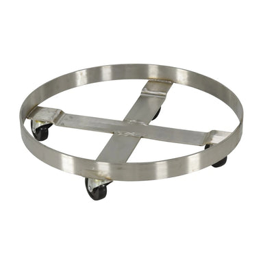 Vestil DRUM-SS-55-H stainless steel 55-gallon drum dolly with four hard rubber swivel casters