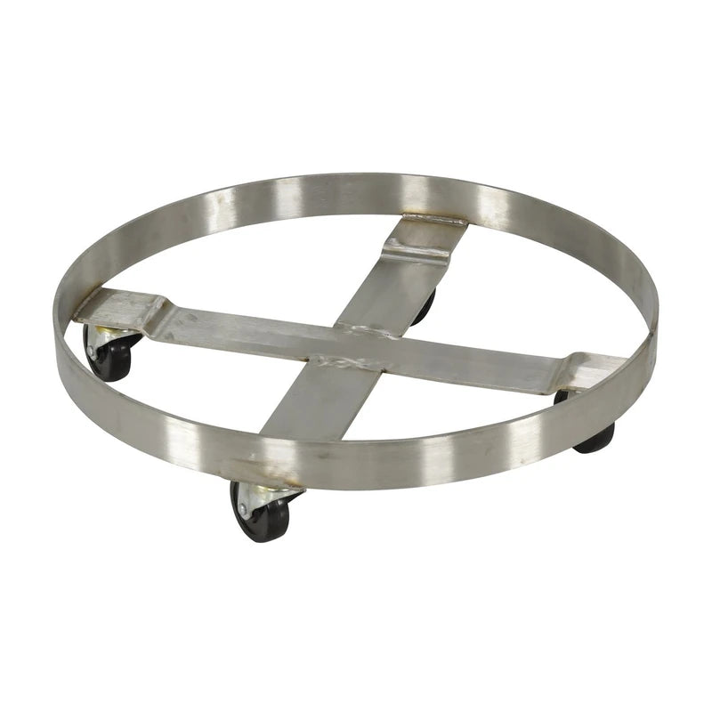Vestil DRUM-SS-55-H stainless steel 55-gallon drum dolly with four hard rubber swivel casters
